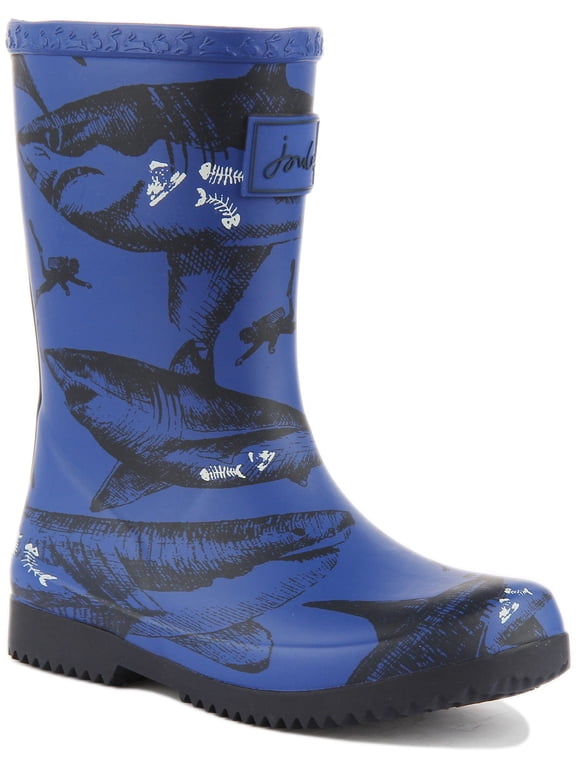 JNR Roll Up Kid's Shark Print Wellington Boots In Blue Size 9