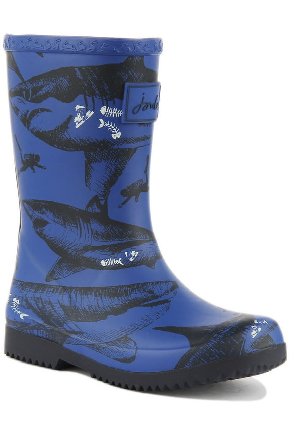 JNR Roll Up Kid's Shark Print Wellington Boots In Blue Size 9