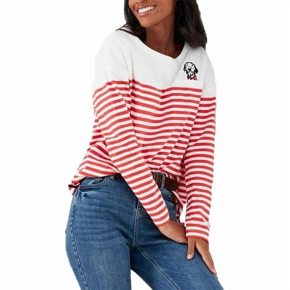 Joules Women’s Marina Embroidered Striped Long Sleeve Jersey Top, Red Dog, 22