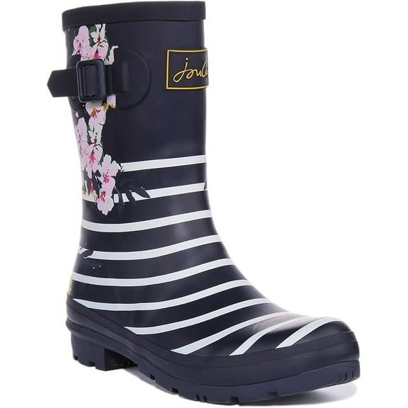 Joules Women's Molly Welly Mid Height Rain Boot Navy Floral Stripe 6