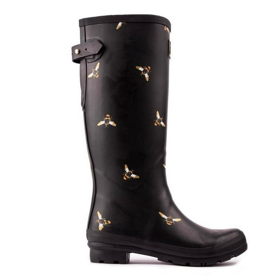 Joules Women's Welly Print Black Metallic Bees Knee-High Rubber Rain Boot - 6M