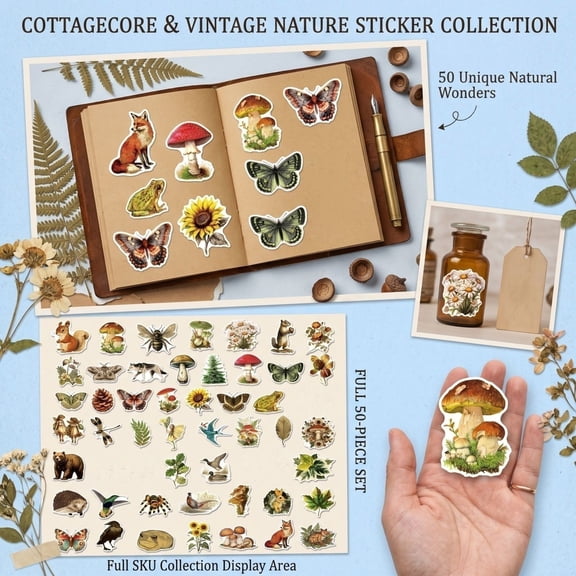 Journal, 50-Piece Forest Animal Set with Squirrel Bear Fox Hedgehog Raven Frog Hummingbird, Nature for Diy Crafts Notebook Luggage Phone Case, Versatile Gift for Hobbyists,