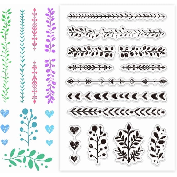 Journal Border Stamp Lace Lines Clear Stamp Leaf Transparent Stamp Writing Line Silicone Stamps Flower Heart Rubber Stamp for DIY Scrapbooking Photo Album Notebook Decor 6.3x4.3 Inch Mixed Color 1pc