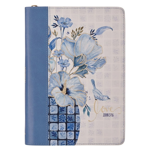 Christian Art Gifts Inspirational Zippered Journal, Love Wide Ruled Notebook, John 3:16 Bible Verse, Blue Vegan Leather Floral, 336 Lined Pages w/scripture, (9 x 6.4 x .9)