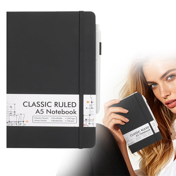 Journal Notebook Hardcover Classic Ruled A5 Notebook Lined Journal with Pen & Pen Holder for Work Office Note Taking,5.1"x8.3",128 Pages(Black)