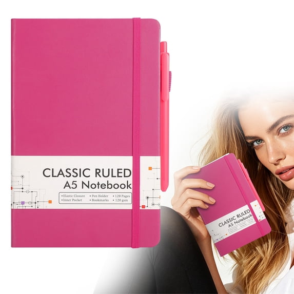 Journal Notebook Hardcover Classic Ruled A5 Notebook Lined Journal with Pen & Pen Holder for Work Office Note Taking,5.1"x8.3",128 Pages(Hot Pink)