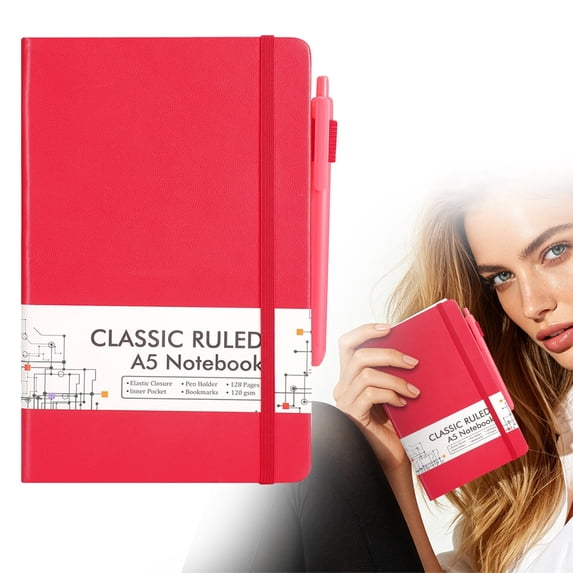 Journal Notebook Hardcover Classic Ruled A5 Notebook Lined Journal with Pen & Pen Holder for Work Office Note Taking,5.1"x8.3",128 Pages(Red)