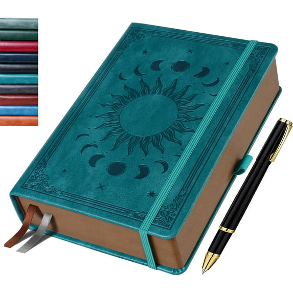 Journal Notebook for Women/Men, Daily for Classic Lined Writing,360 Pages Leather Hardcover with Vintage Sun & Moon Design, SeaGreen, A5 (14.5 x 21 cm)