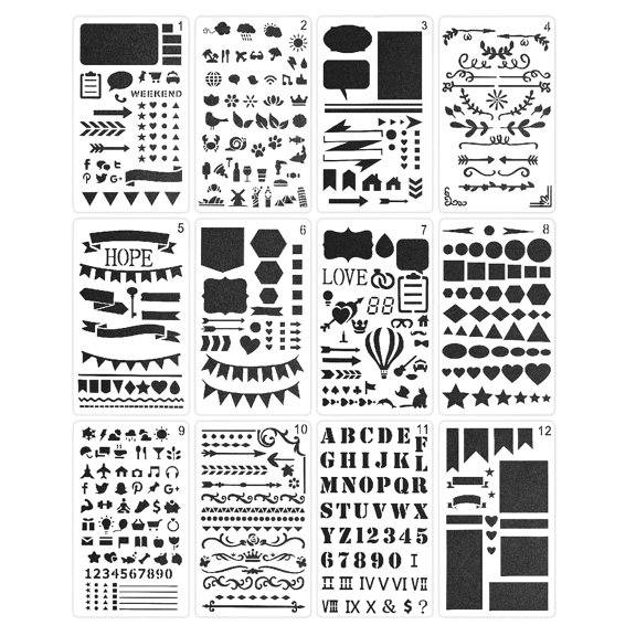 Journal Stencils, 12 Pack 4x7 Inch Plastic Planner Stencil Set, Reusable Drawing Template for Journaling, Calendar Planning, Scrapbook, Gift Cards, Greeting Cards, DIY Craft, School Projects