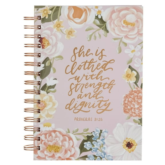 Christian Art Gifts Inspirational Journal, Strength & Dignity Wide Ruled Notebook, Prov. 31:25 Bible Verse, Pink Floral, 192 Lined Pages w/scripture, (8.4 x 6.4 x 1)