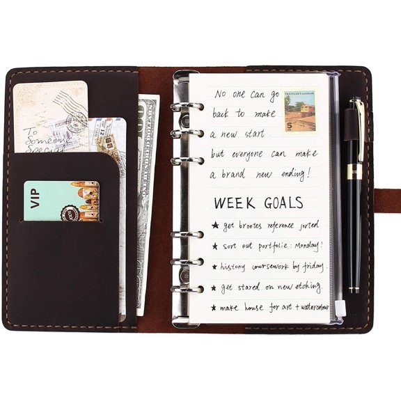 Journal Writing Notebook, A6 Ring Binder Refillable Diary Notepads, Travel Organizer Agenda for Men Women - Coffee