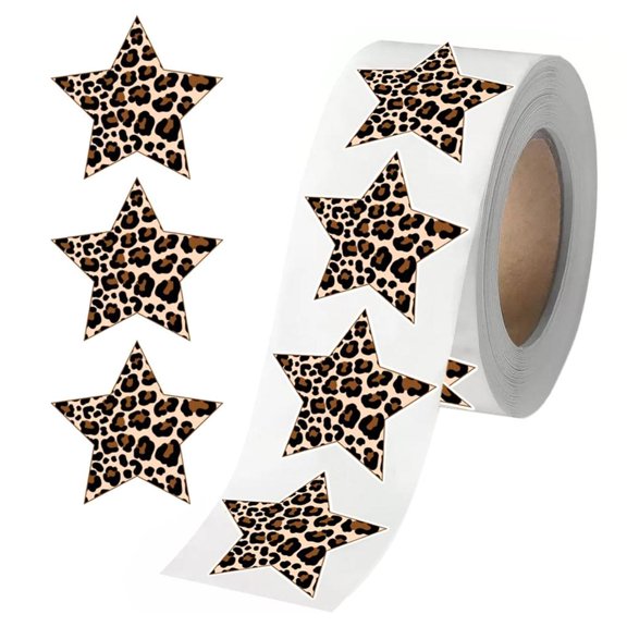Journaling Star Stickers Roll with Leopard Print Pattern, Adhesive 2.5cm Labels for Notes, Cards, Envelopes and De