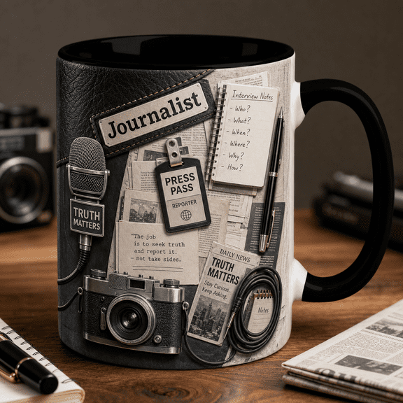 Journalist Mug 3D Effect Press Pass Coffee Cup Gift for Reporter Newsroom Writer