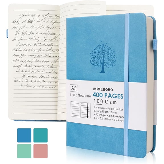 Journals for Writing, A5 Leather Ruled Notebook with 400 Pages, 100 Gms College Ruled Journal with Thick Paper, Hardcover with Inner Pocket & Pen Holder, Sky Blue