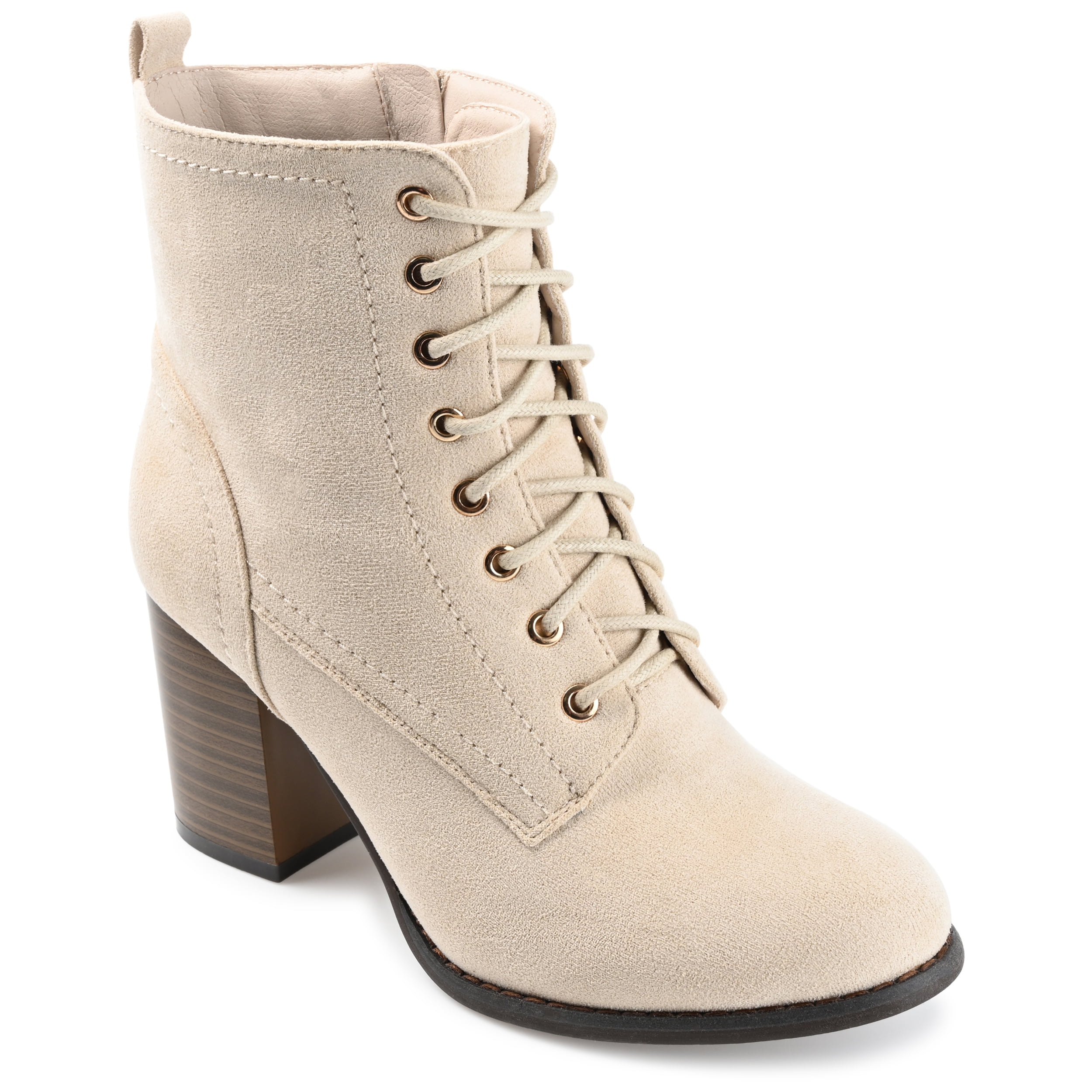 Journee Collection Women's Baylor Lace Up Booties - Stacked Heel, Faux Suede, Beige/Taupe