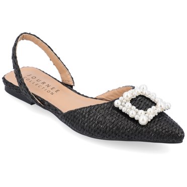 JOURNEE COLLECTION Womens Black Raffia Goring Padded Embellished Buckle Accent Hannae Pointed Toe Slip On Dress Slingback