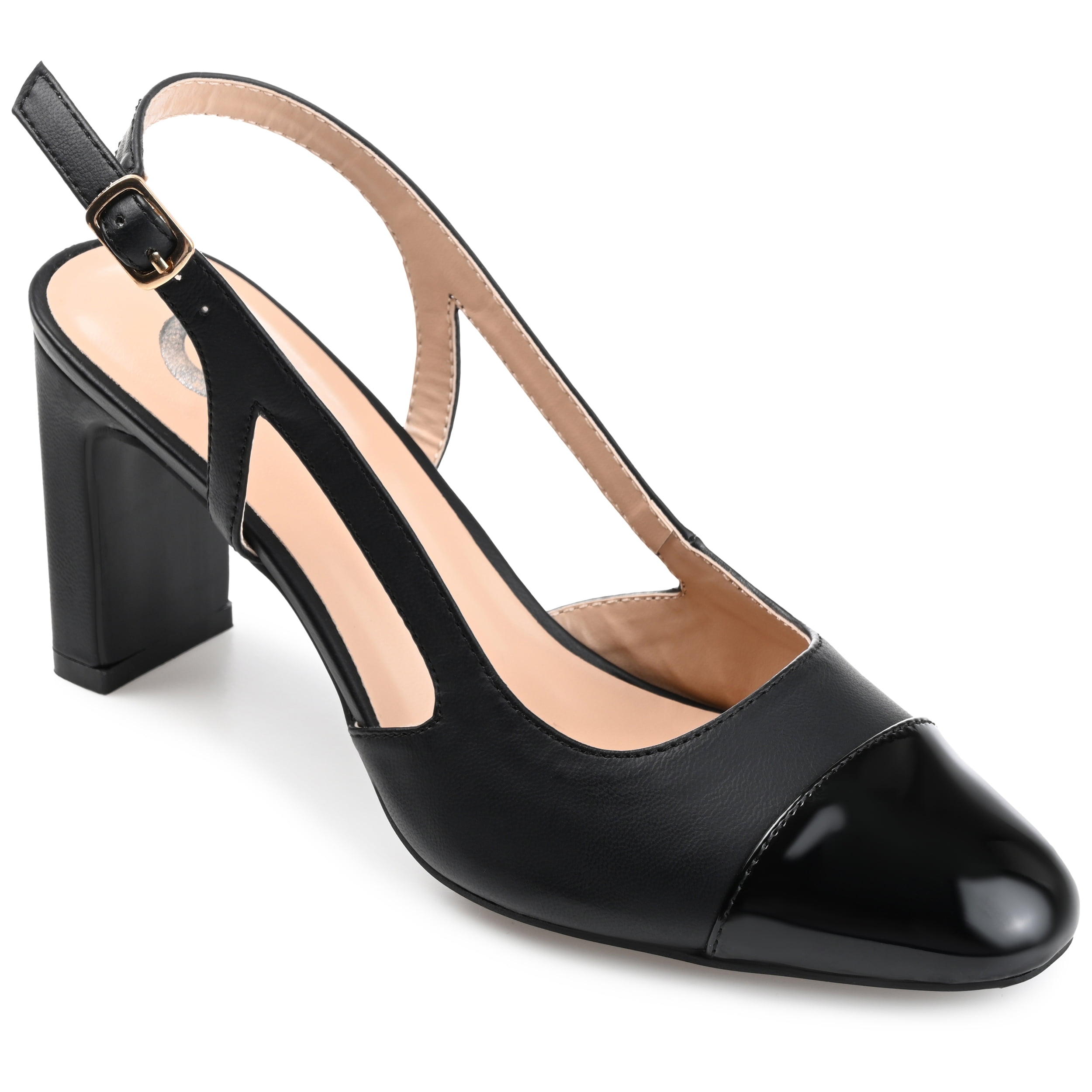 Leather Cap Toe Block Heel Slingback Pumps