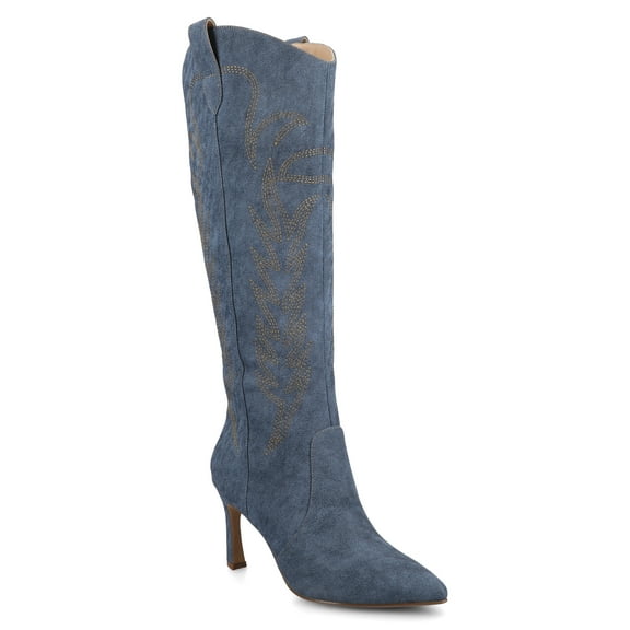 Journee Laramie Stiletto Heel Embroidery Detail Knee High Pointed Toe Comfort Western Boots