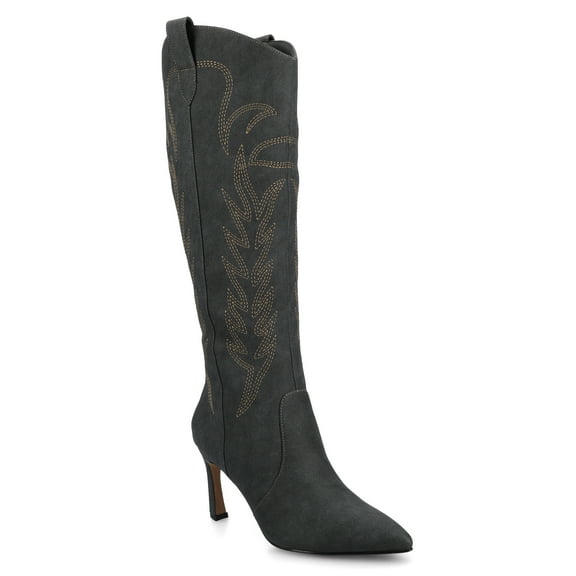 Journee Laramie Stiletto Heel Embroidery Detail Knee High Pointed Toe Comfort Western Boots