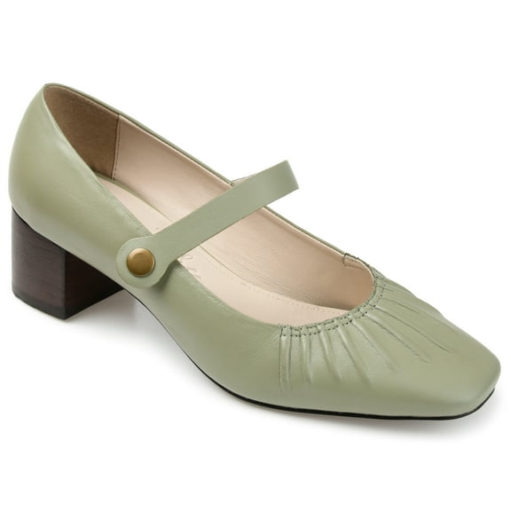 Journee Signature Womens Genuine Leather Ellsy Mary Jane Low Stacked Heel Square Toe Pumps