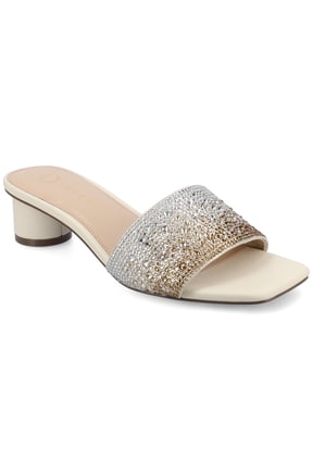 Women's Flora Evening Square Toe Rhinestone Slip on Block Heel Sandals