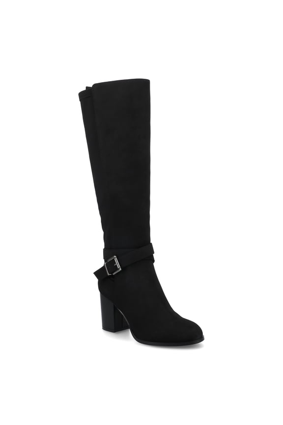 Womens Avalonn Buckle Strap Knee High Stacked Heel Inside Zipper Extra Wide-Calf Comfort Dress Boots