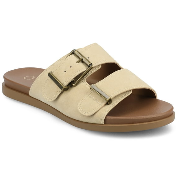 Journee Womens Cosette Double Strap and Buckle Slip On Flat Sandals