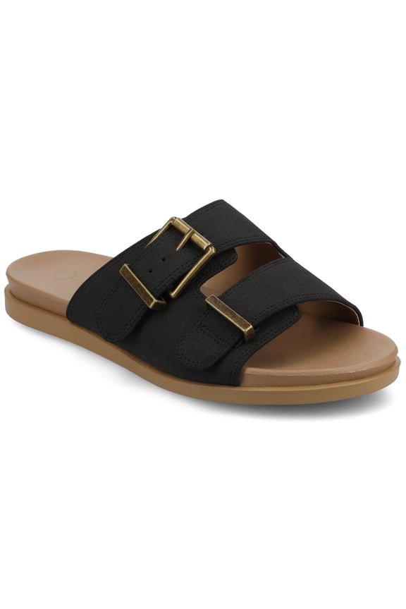 Womens Cosette Double Strap and Buckle Slip On Flat Sandals