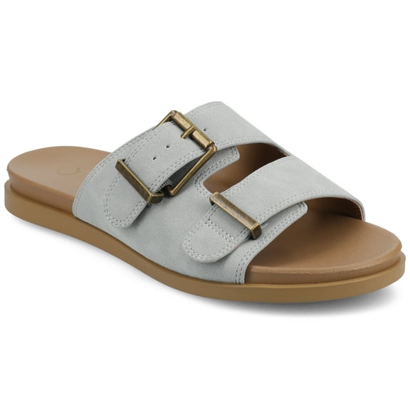Journee Womens Cosette Double Strap and Buckle Slip On Flat Sandals