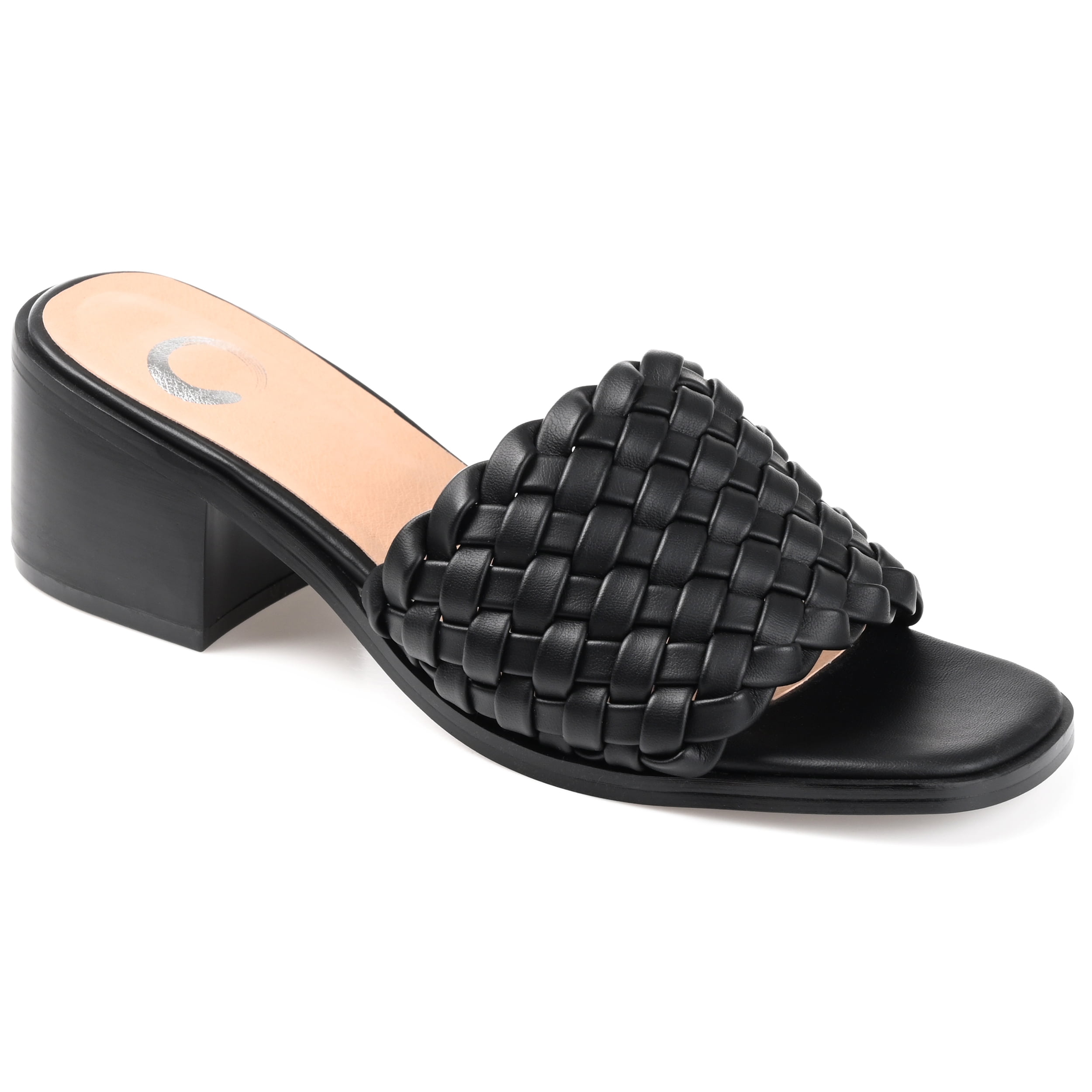 Journee Womens Fylicia Woven Detail Slip On Stacked Heel Dress Sandals