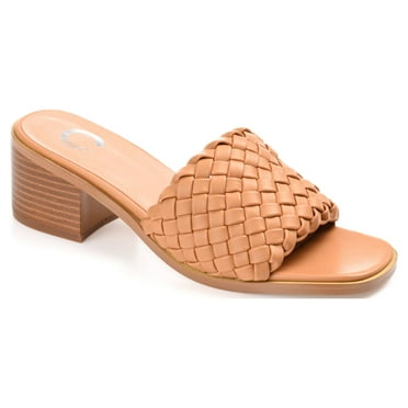 Journee Womens Fylicia Woven Detail Slip On Stacked Heel Dress Sandals