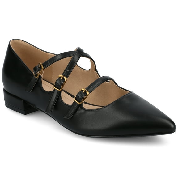 Journee Womens Gretel Multistrap Buckle Detail Pointed Toe Block Heel Comfort Ballet Pumps