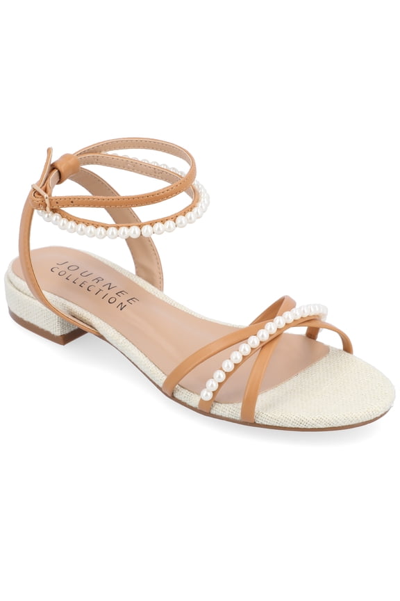 Womens Tulsi Faux Pearl Ankle Strap Covered Block Heel Flat Evening Dress Sandals