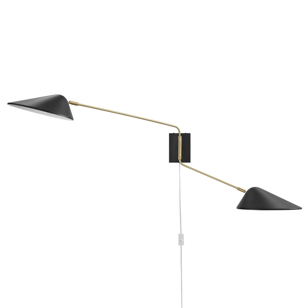 Mid-Century Modern Matte Black Swing Arm Wall Sconce with Satin Brass