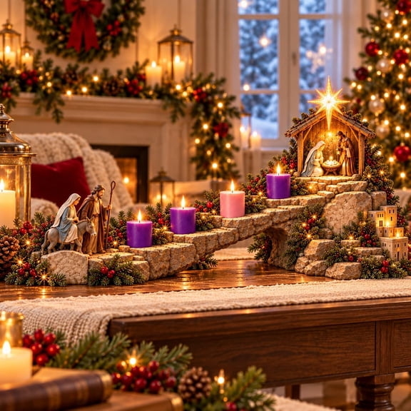 Journey to Bethlehem Lighted Advent Nativity Path,4-WeekLighted Path,Mary & Joseph journey past four glowing Advent markers to a lighted Nativity beneath the Bethlehem Star