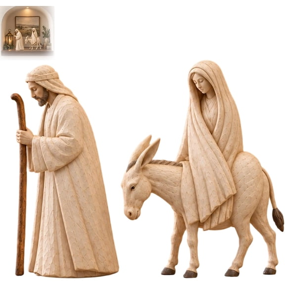 Journey to Bethlehem Nativity Figurine Set, 2-Piece Holy Family Statue, Mary on Donkey & Joseph Sculpture, Wood Look Carved Christmas Advent Christian Religious Home Decor, Christian Keepsake Gift