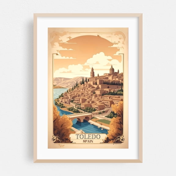 Journey into Toledo's Past: Vintage Retro Travel Illustration - Toledo Castile-La Mancha Spain Illustration Travel Poster Vintage City Architecture Bridge Scenic Oak Framed Wall Art Print 5 x 7 inches