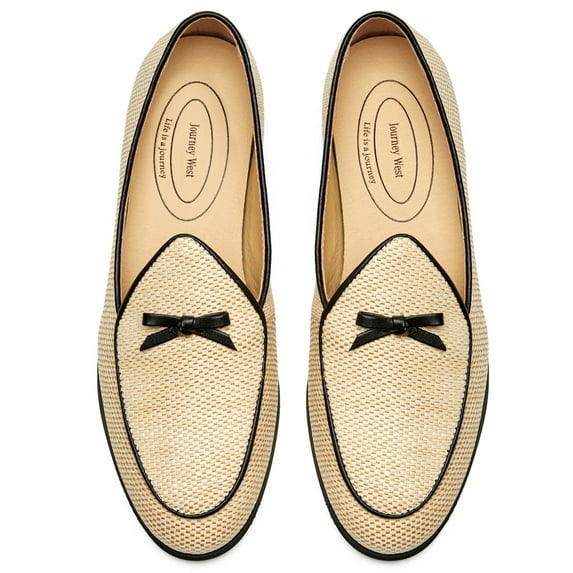 Journey West Raffia Bowtie Loafer For Women Slip-on Belgian Penny Loafers Shoes For Women Beige US 8