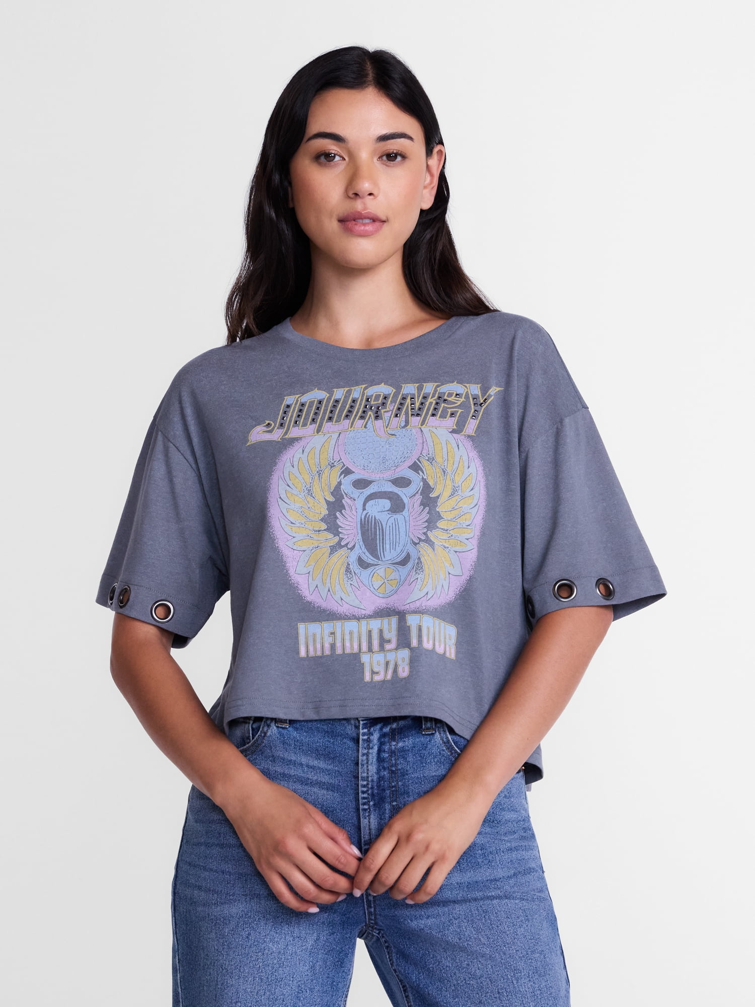 Women's Cropped Front Back Graphic Band Tee, Sizes XXS-4X