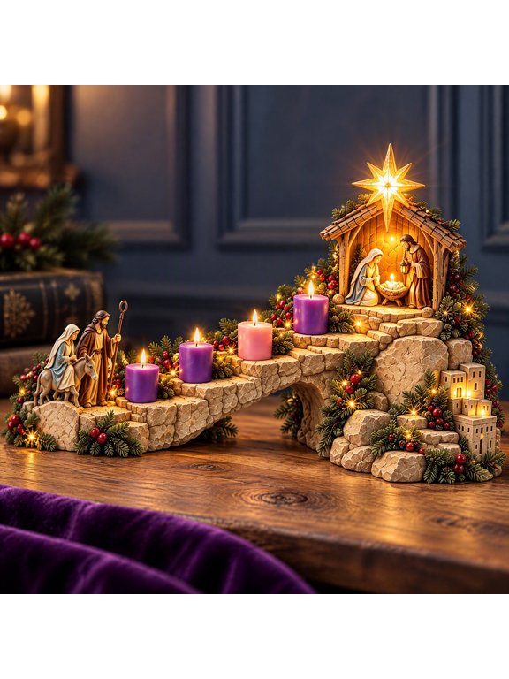 Journey to Bethlehem 4 Week Lighted Advent Nativity Paths, Resin Advent Nativity Scene with LED Star, Christmas Nativity Decor for Tabletop Display