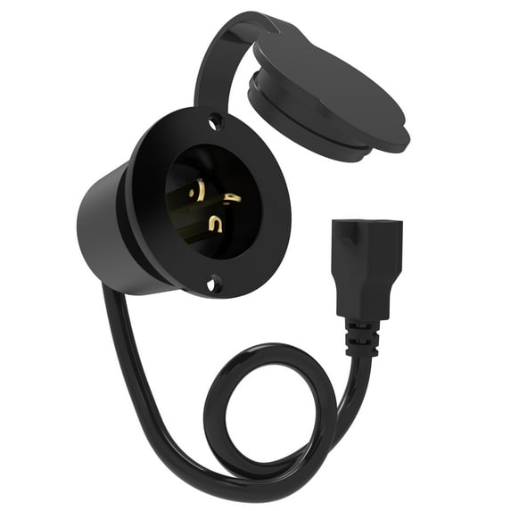 Journeyman-Pro 20 Amp 125V AC Power Inlet Port Plug with Integrated 20" Extension Cord + Waterproof Cover, UL Listed, NEMA 5-20P Flanged Inlet (GCP2 Black 20A)