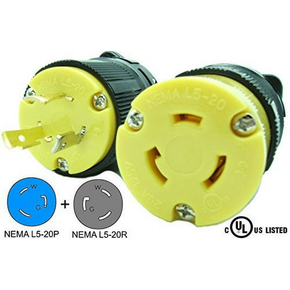 Journeyman-Pro 20 Amp, Plug & Connector Set, NEMA L5-20R & L5-20P, 125V, Locking Plug Socket, Black Industrial Grade, Grounding 2500 Watts Generators (L5-20PR PLUG SET)