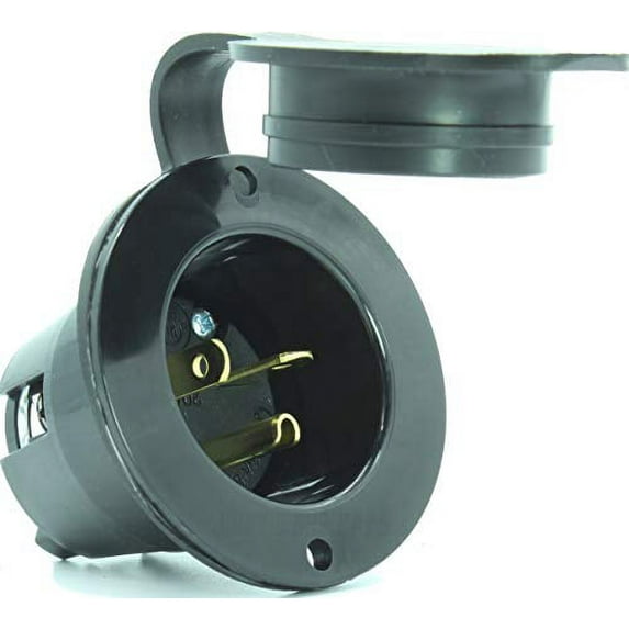 Journeyman-Pro 5378 20 Amp 120-125 Volt, NEMA 5-20P Flanged Inlet, 2500 Watt Black RV/Marine Commercial Grade, Straight Blade Plug Charger Receptacle (w/Front Cover)