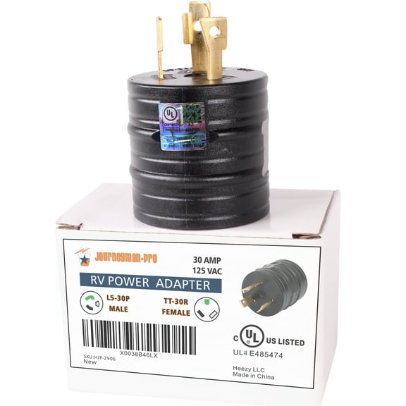 Journeyman-Pro Generator RV Power Adapter L5-30P Male to TT-30R Female 125 VAC 30 Amp - Electrical Cord Plug Converter (Black Rubber) (L5-30P to TT-30R)