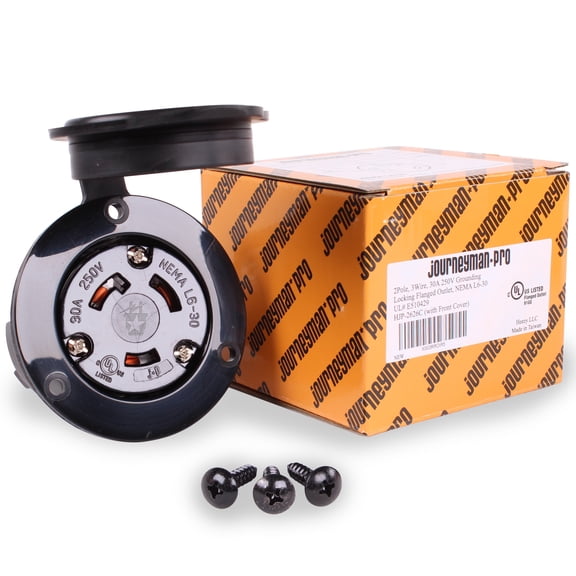 Journeyman-Pro HJP-2626, NEMA L6-30R Flanged Outlet, 30 AMP 250 Volt, Locking Receptacle Socket, Black Industrial Grade, Grounding Welding/Generator/EV Use 7500 Watts (with Front Cover)