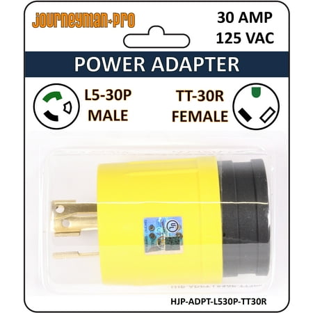 Journeyman-Pro RV Power Cord Adapter 125/250 VAC 30 Amp Male to Female TT-30/L5-30/L14-30 - 3 to 4 Prong Generator Electrical Plug Converter (L5-30P MALE to TT-30R FEMALE)