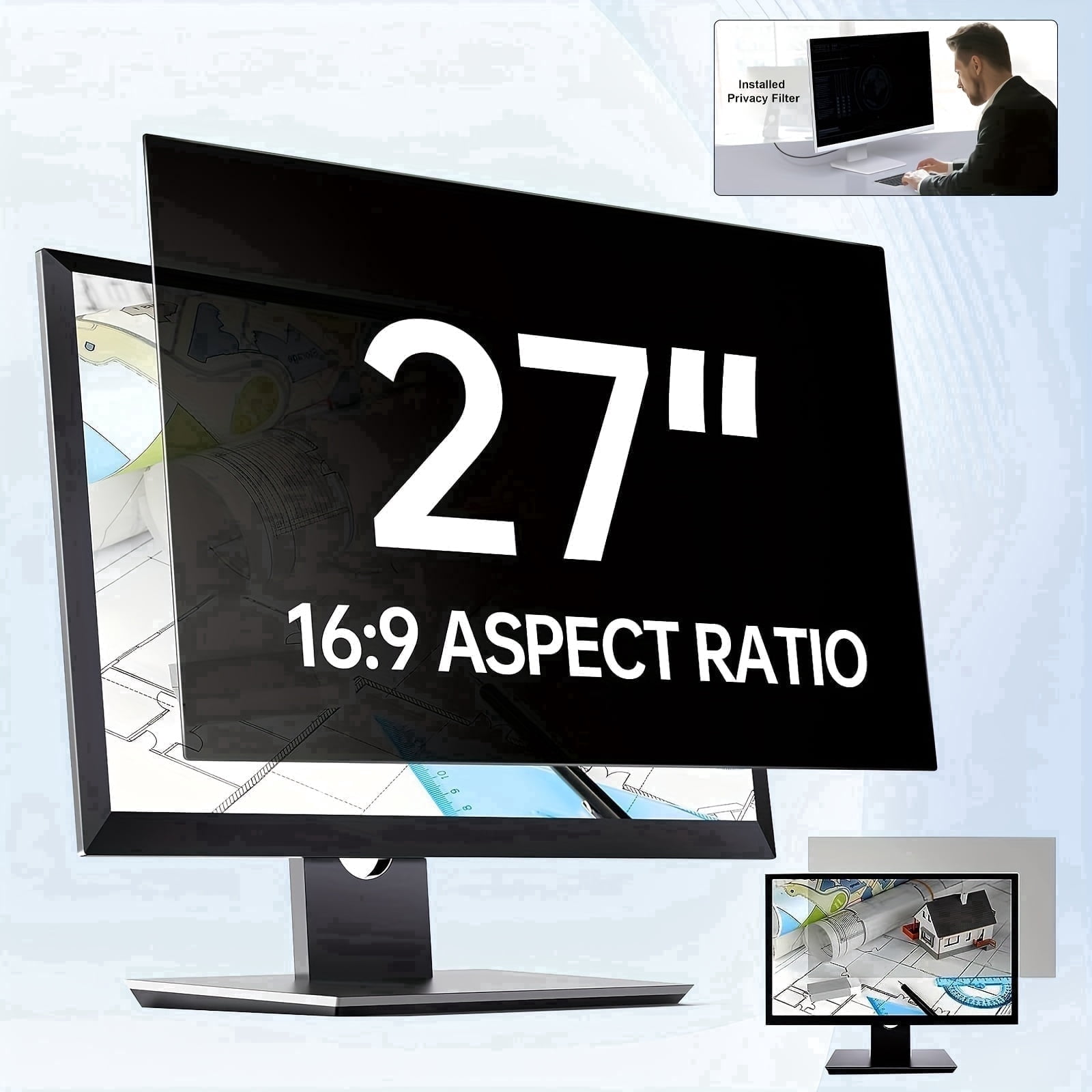 Jous 27 inch Computer Privacy Screen for 16:9 Aspect Ratio Widescreen Monitor, Eye Protection Anti Glare Blue Light Filter, Removable Anti-Scratch Protector Film