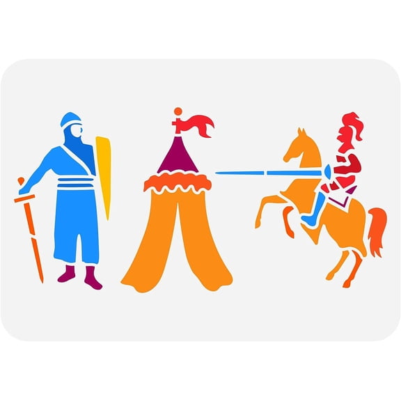 Jousting Knights Painting Stencil 11.7x8.3 inch Hollow Out Horse Tent Shield Craft Stencil Plastic Standing Knights Riding Knights Drawing Stencils for Wall Cabinets Decor
