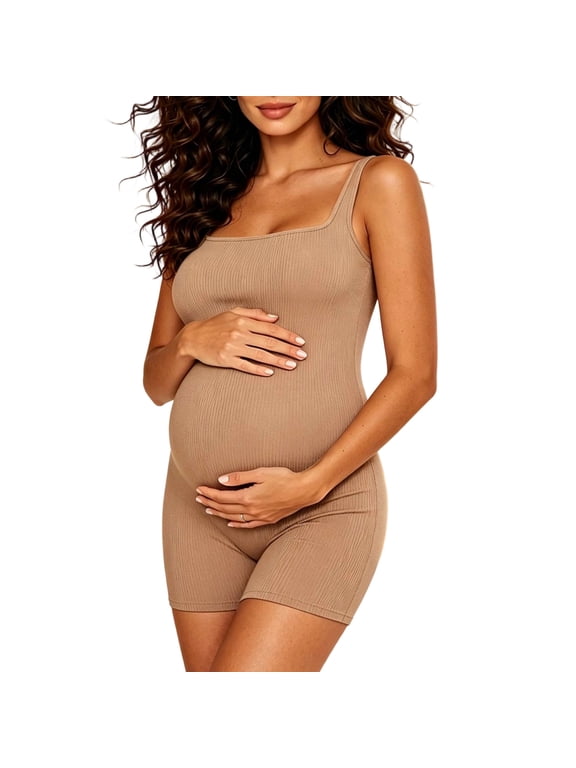 Maternity Ribbed Square Neck Romper High Elastic One Piece Bodysuit with 360° Support for Pregnancy Yoga Casual Khaki