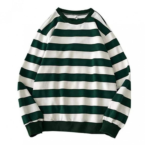 Jovati Men's Green Autumn and Winter Crew Neck Striped Sweatshirt Pullover Long Sleeve